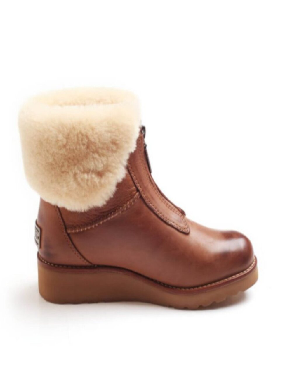 UGG Caleigh Leather Shearling-Cuff Zip Ankle Boots, Chestnut Brown- Size 9